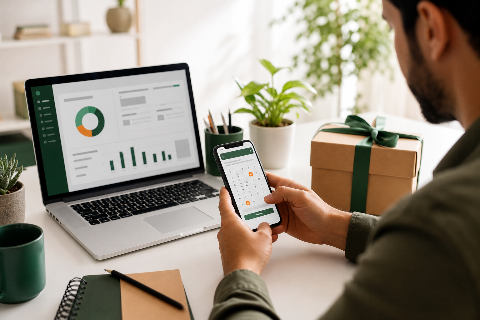 Organizador usando celular e notebook para divulgar uma rifa online